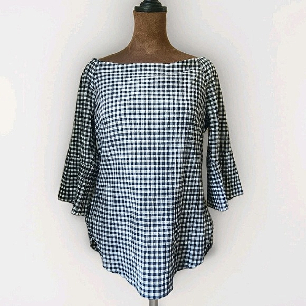 White House Black Market Off The Shoulder Top Black White Check‎ Size S Cotton